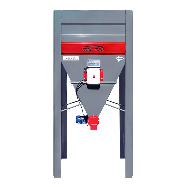 Tolva embolsadora semiautomática con estructura gris y franja roja